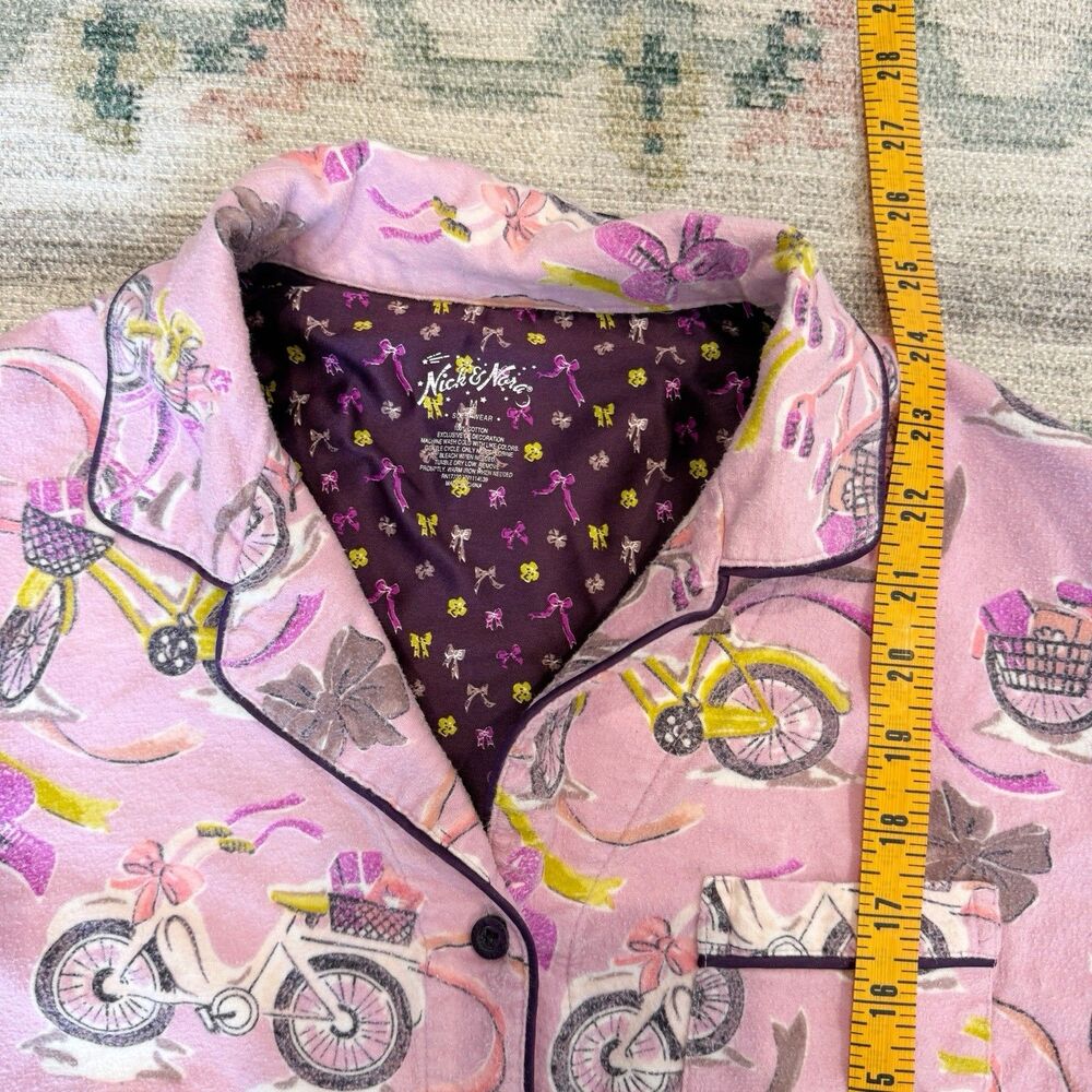 Nick & Nora Pink Bicycle Flannel Pajama Button Top Size Medium Cozy Warm Soft - Picture 6 of 6